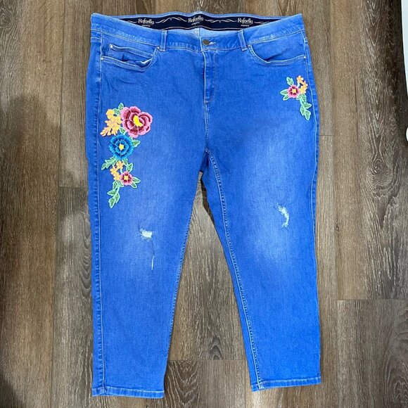 Rafaella Y2K Womens 22W Floral Embroidered Stretch Jeans Blue, Light Distressed - Picture 1 of 6